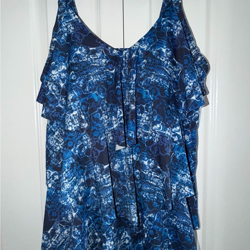 Swimsuits For All Blue and White Ruffle Tankini Top